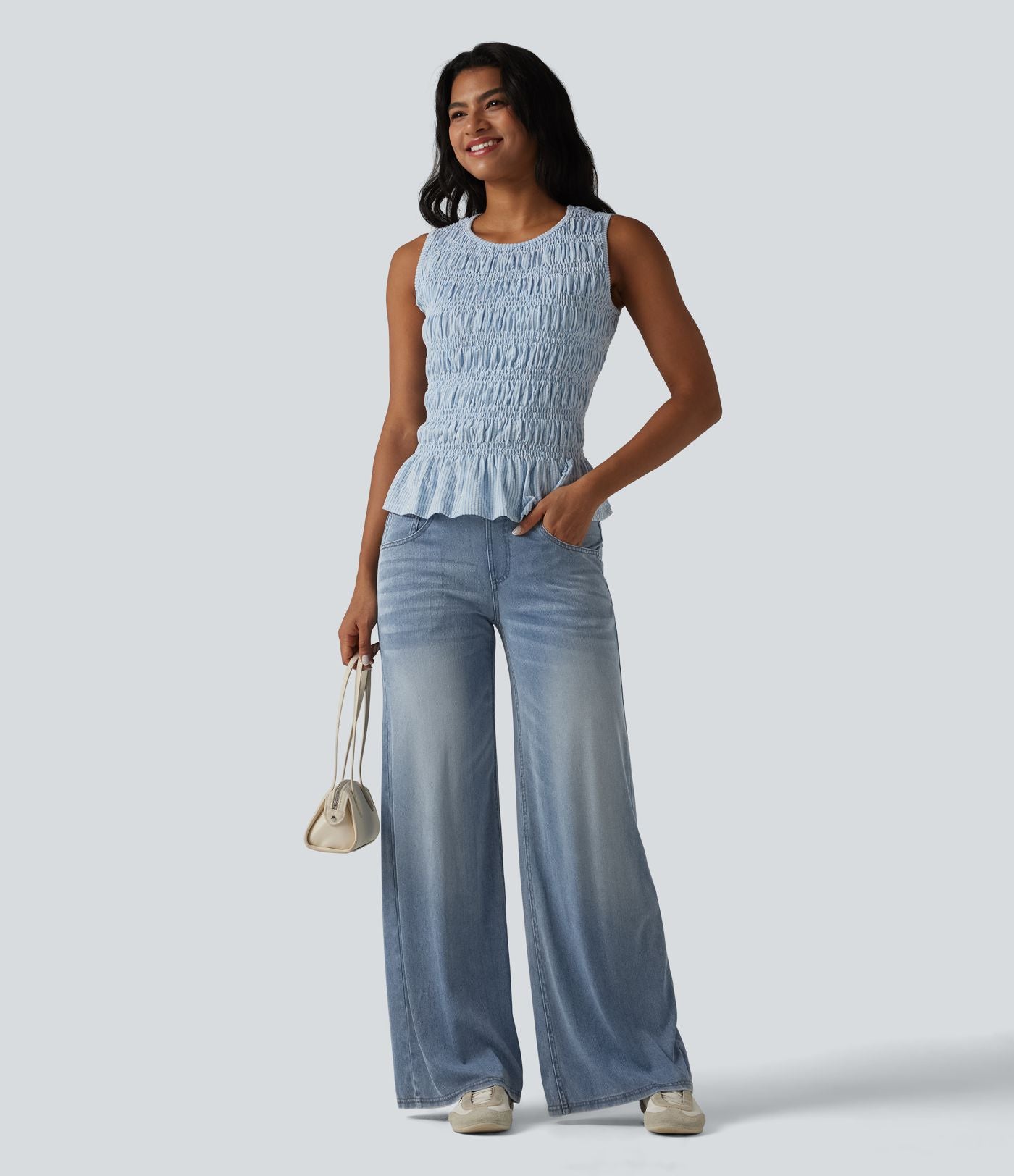 Halara Flex™ Jean large casual baggy taille mi-haute en lyocell drapé effet délavé, avec poches