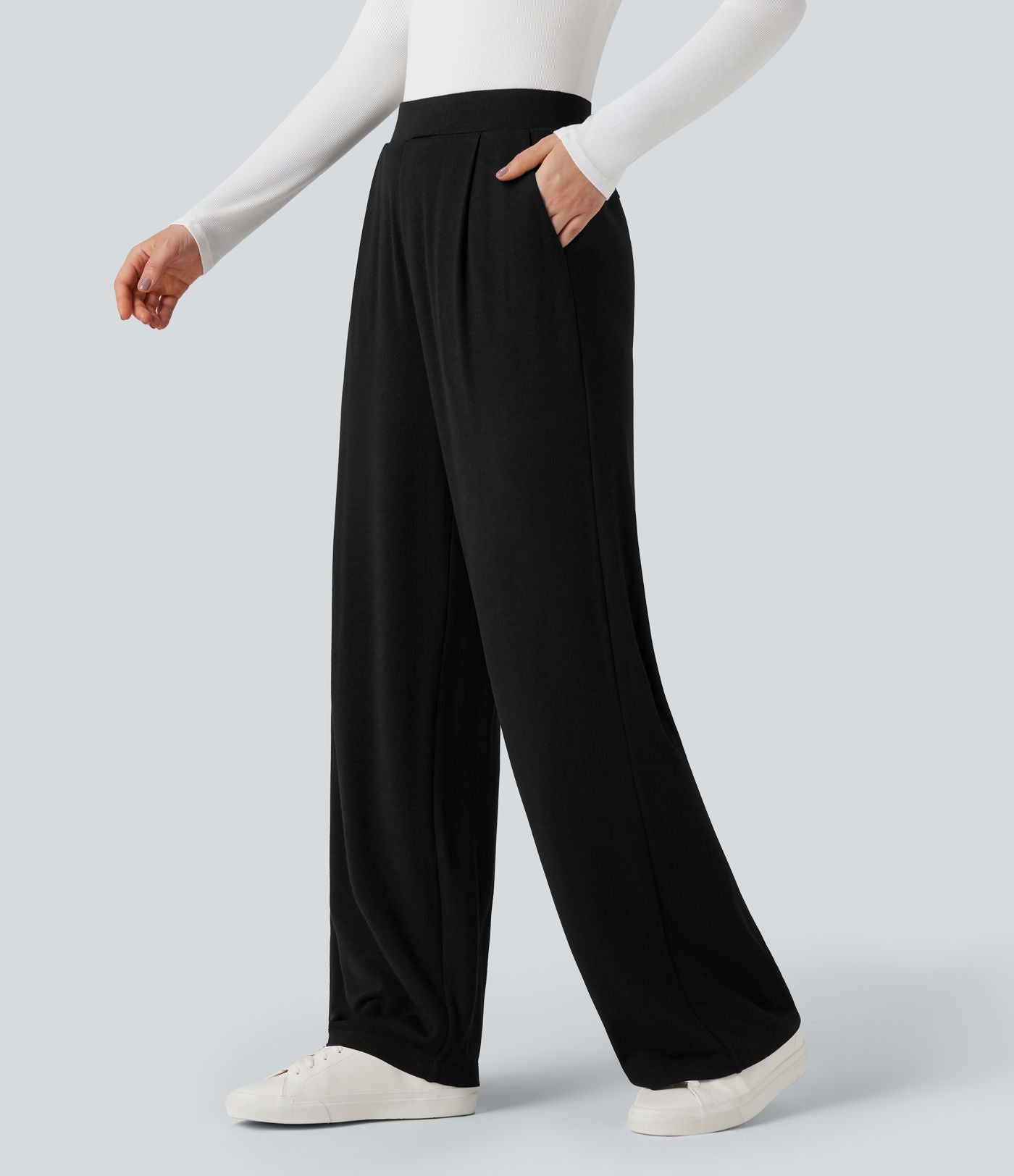 Pantalon taille haute large thermique confortable avec poches