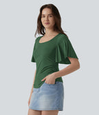 T-shirt décontracté maille côtelée col carré manches papillon froncé