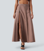 Jupe longue décontractée taille mi-haute avec ceinture fermeture éclair fente et poches latérales
