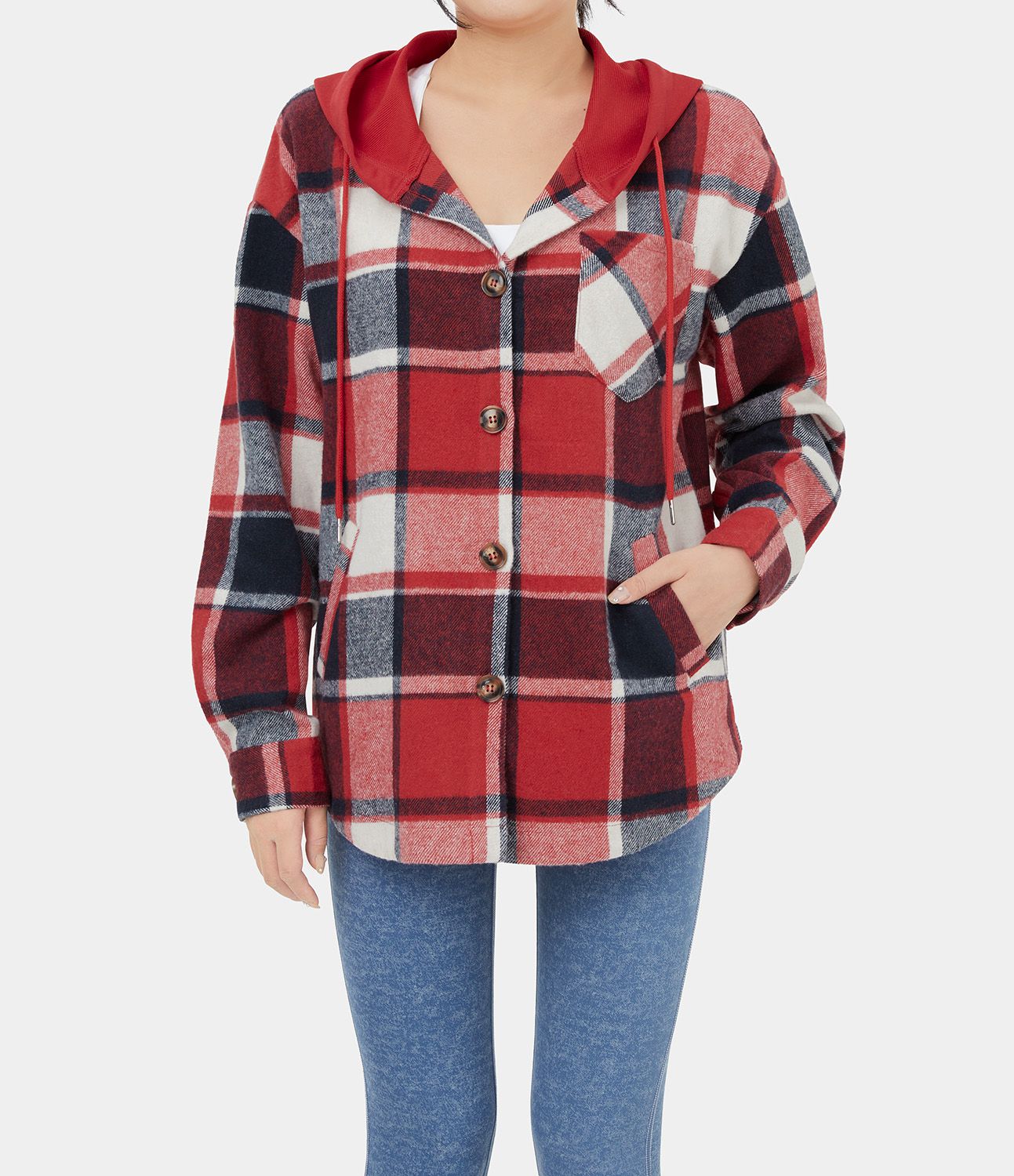 Veste de Casual à Carreaux en Polaire à Capuche avec Cordon de Serrage Boutons et Poches Latérales