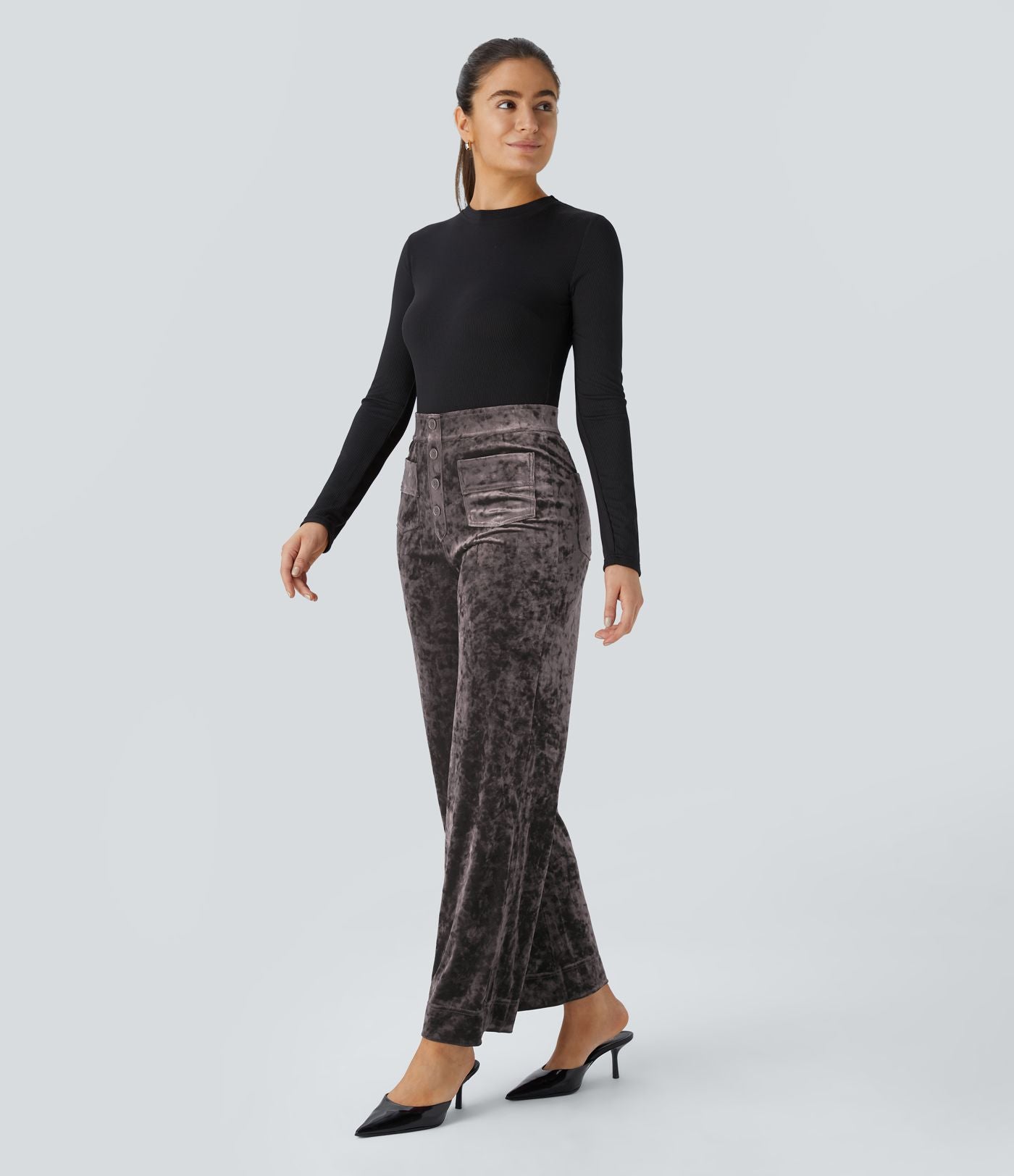 Pantalon Casual en Velours Taille Haute avec Bouton Multipoches Droites