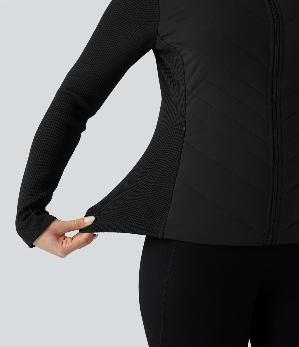 Veste matelassée décontractée à col montant et coupe ajustée, côtelée et contrastée, avec poches