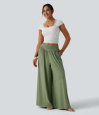 Pantalon fluide taille haute à fronces avec poches