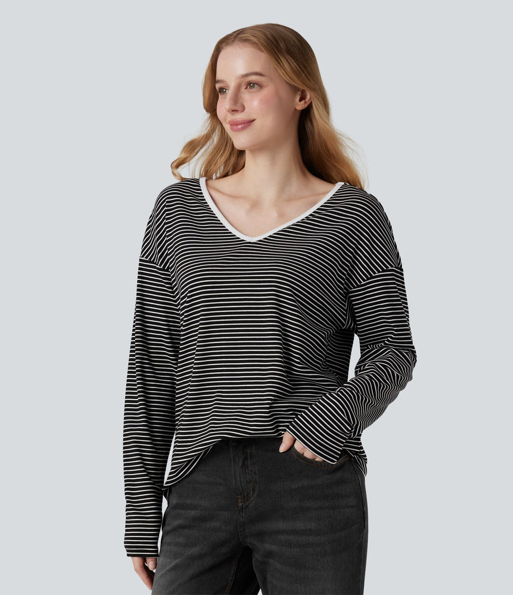 T-shirt rayé col V manches longues