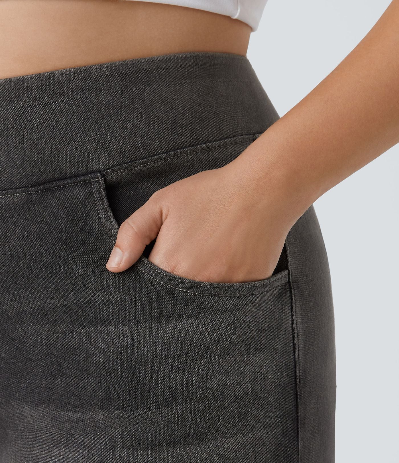 Halara Flex™ Jeans Larges Casual Taille Haute Multiples Poches Lavés Élastiques et Tricotés Grande Taille
