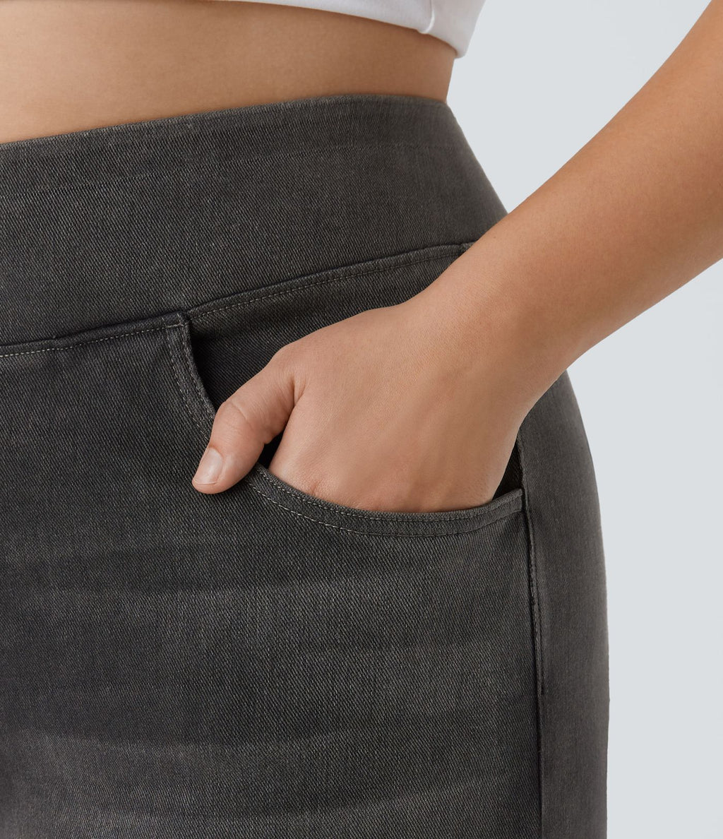 Halara Flex™ Jeans Larges Casual Taille Haute Multiples Poches Lavés Élastiques et Tricotés Grande Taille