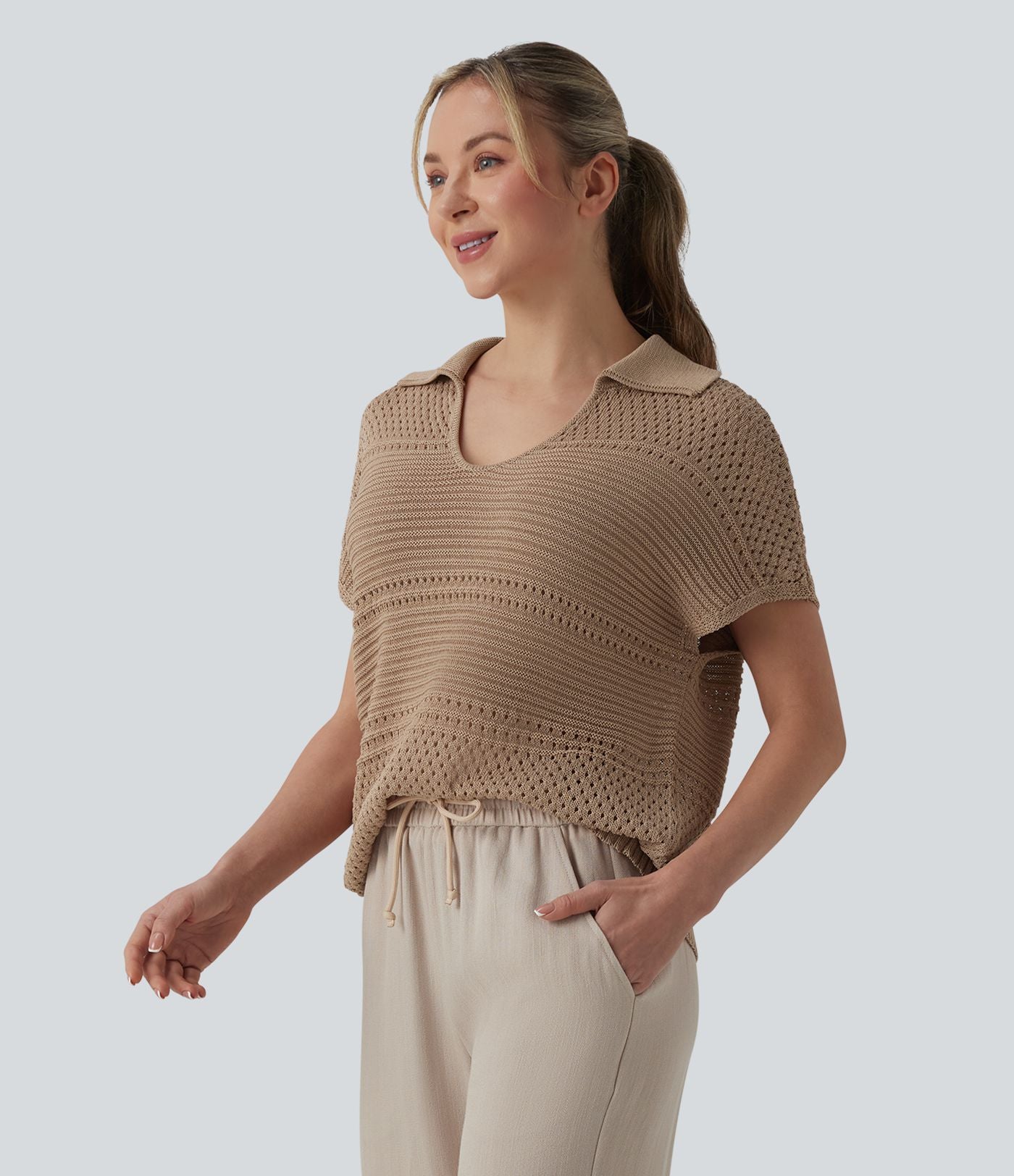 Pull resort col V manches chauve-souris courtes crochet