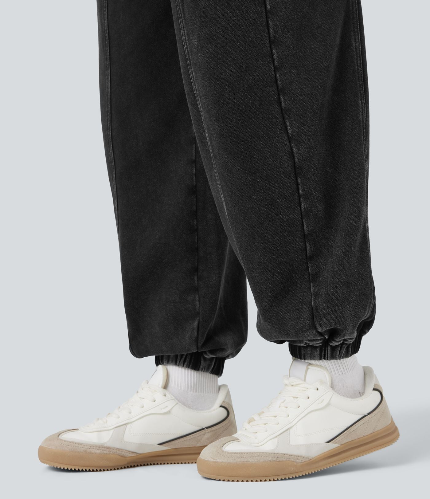 Pantalon jogging coton molleton français délavé taille mi-haute avec poches