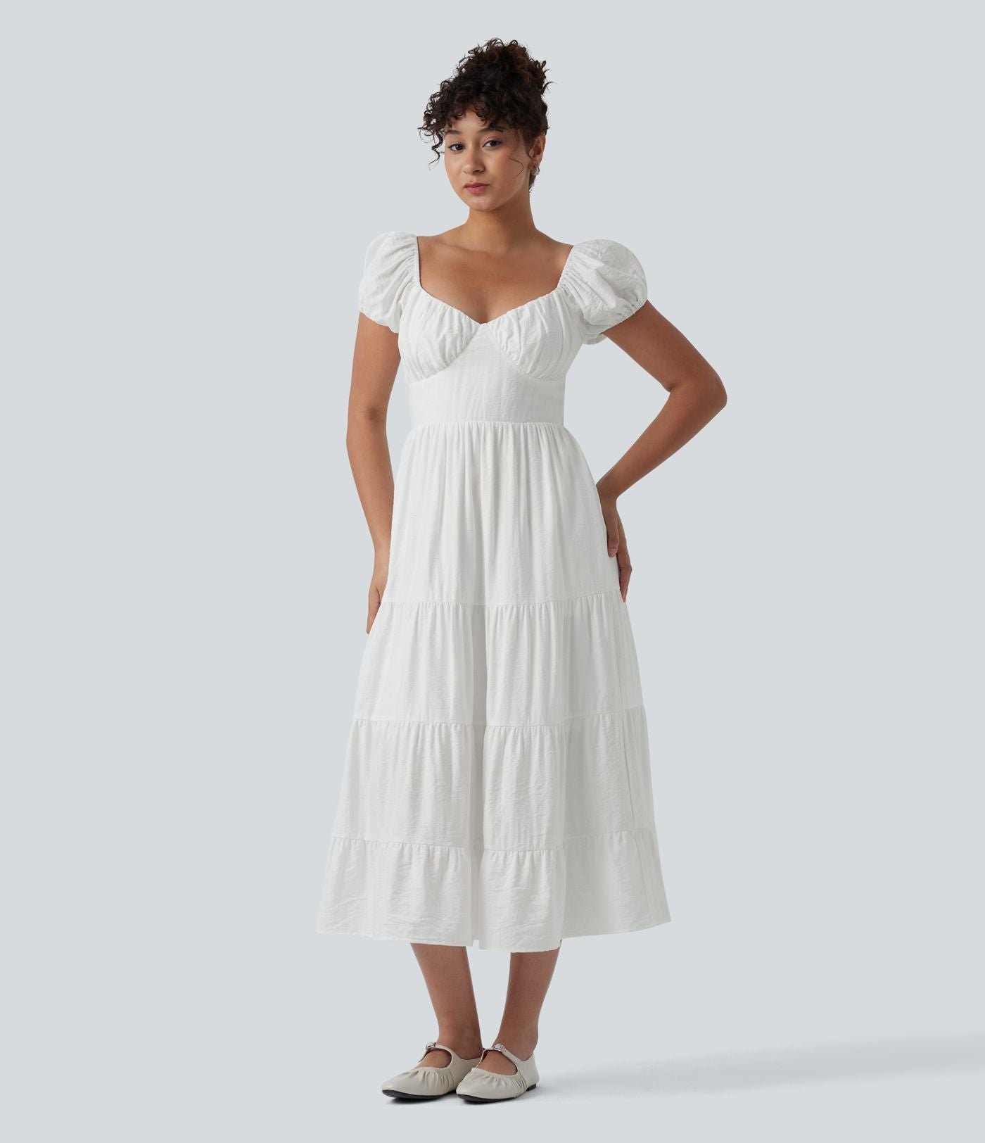 Robe midi décontractée à volants, col Queen Anne, manches bouffantes froncées et poches
