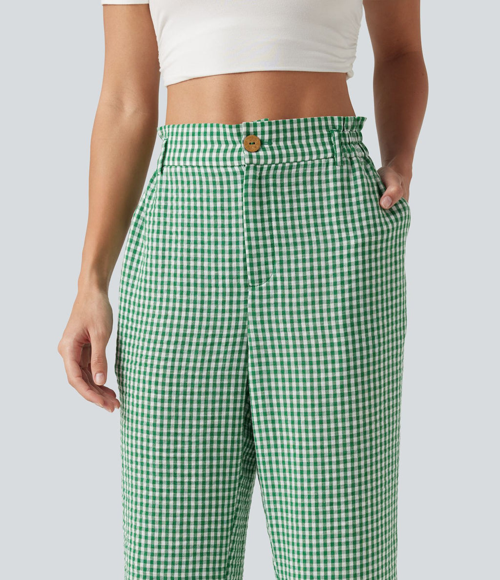 Pantalon 7/8 décontracté aspect lin à carreaux taille haute avec poches
