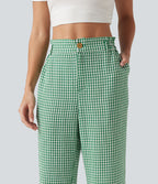 Pantalon 7/8 décontracté aspect lin à carreaux taille haute avec poches