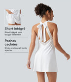 Robe-short mini SoftlyZero™ Airy effet frais InstantCool pour le yoga longueur allongée avec dos noué, coussinets amovibles, poche et protection solaire UPF50+