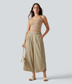 Pantalon large fluide casual raccourci taille haute avec ourlet arrondi, tissu extensible aspect lin et poches