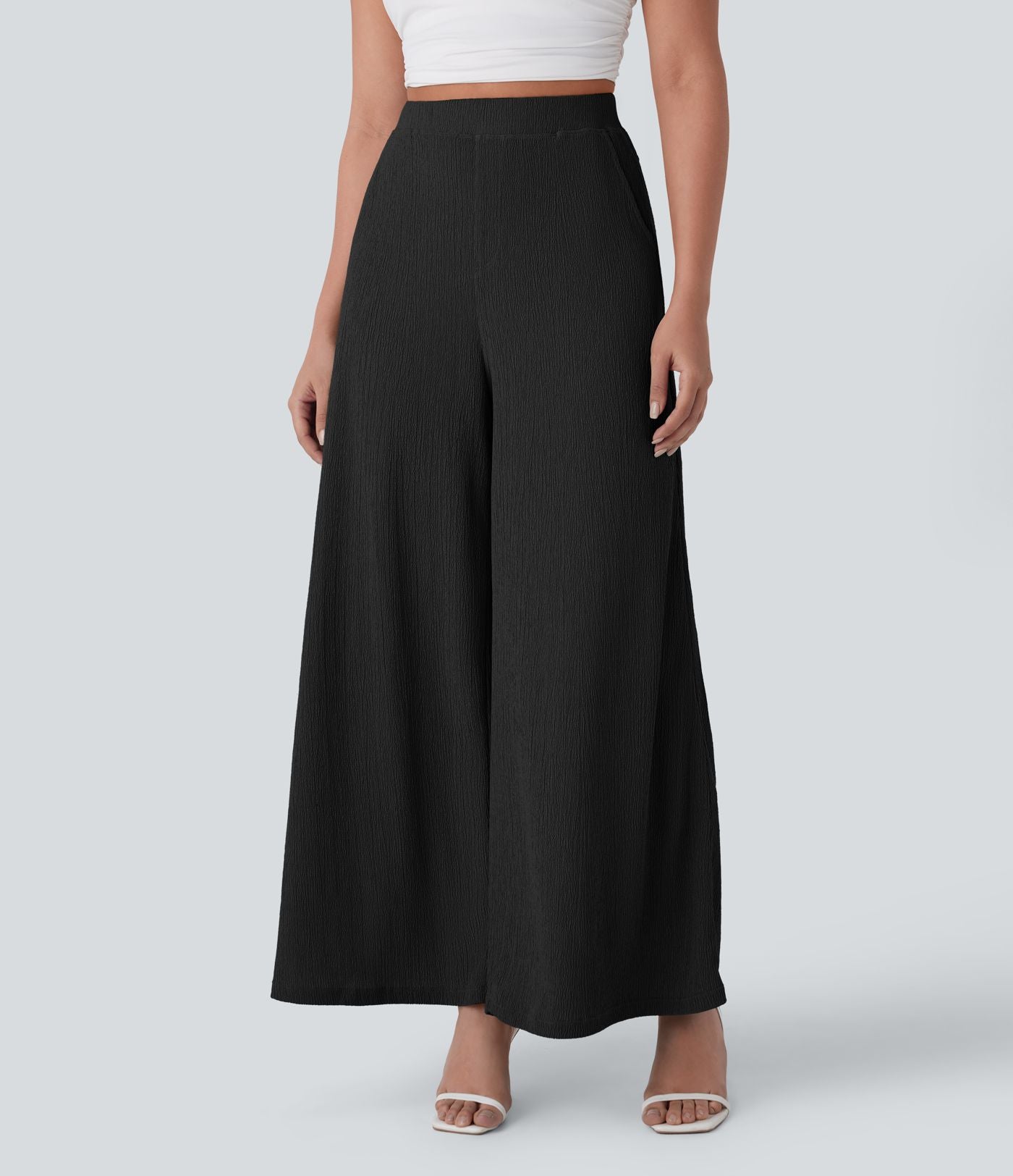 Pantalon décontracté fluide jambe large taille haute avec poches latérales