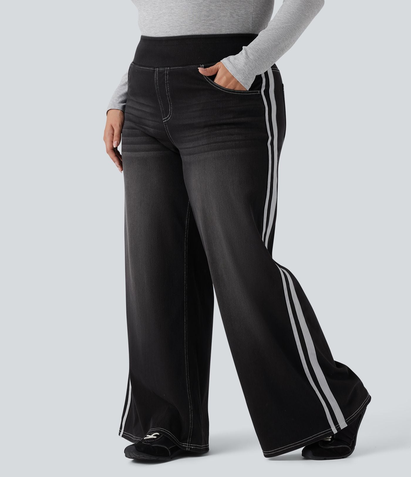 Halara Flex™ Jean large fluide taille haute à rayures délavé décontracté grande taille avec poches