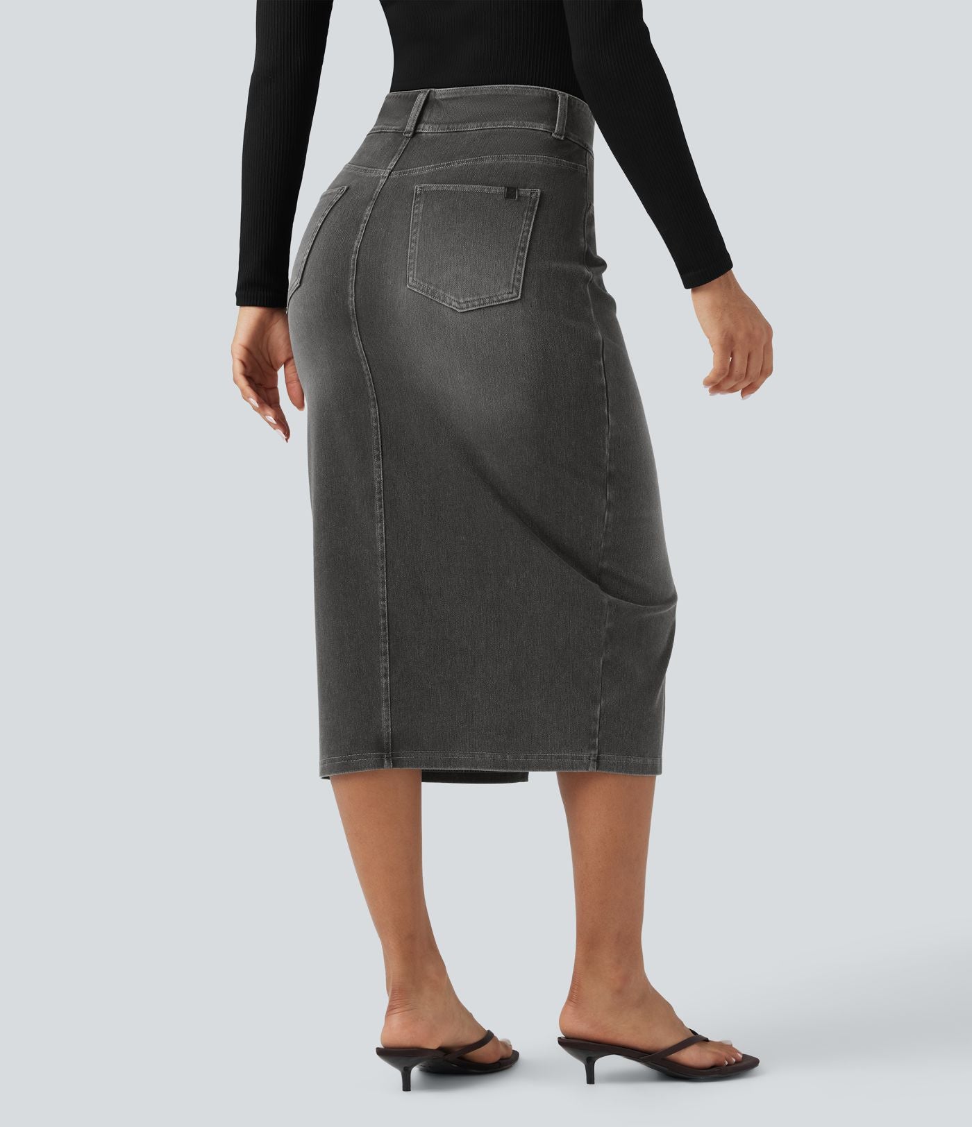 Halara Flex™ Jupe en Jean Casual Mi-Longue Délavé Extensible Plusieurs Poches Taille Haute