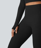 Top de sport yoga court Halara UltraSculpt™ col rond manches longues avec trous pouces