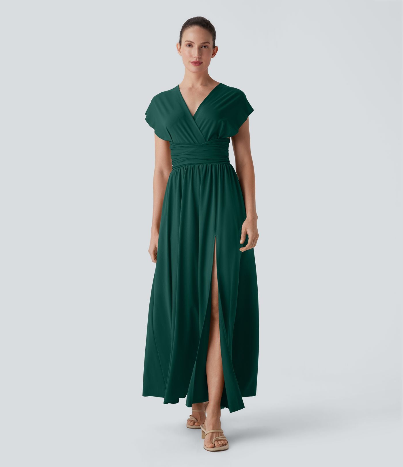 Robe longue de soirée col V, manches courtes, dos croisé à nouer, fendue avec poche latérale