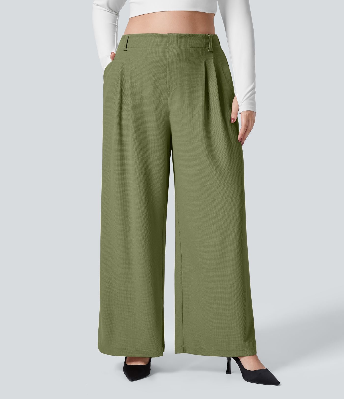 Halara Flex™ Pantalon tailleur Grande taille à Taille Haute, Poches Latérales Plissées, Jambes Larges, en Tissu Gaufré
