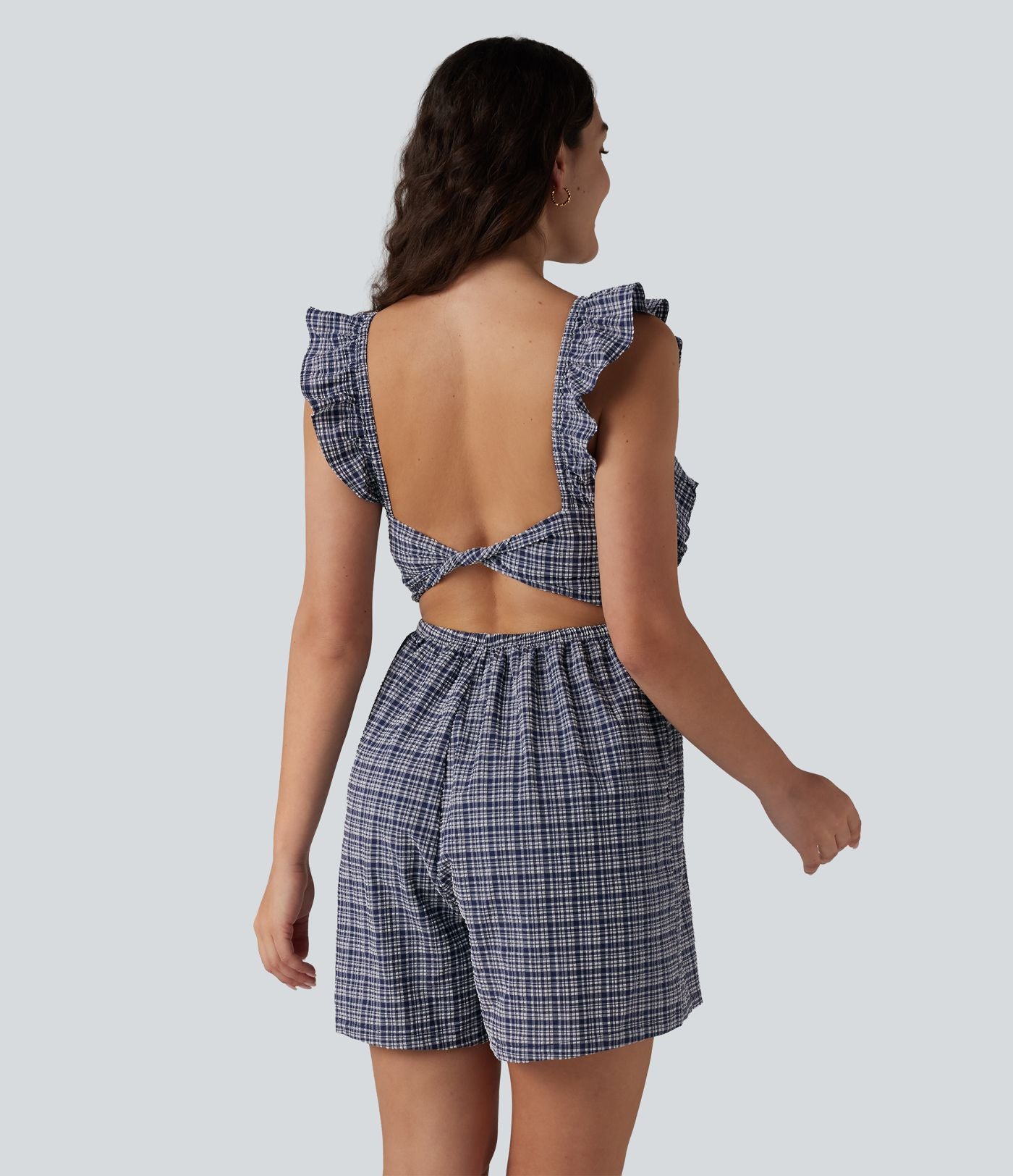 Combinaison short décontractée dos nu torsadé à volants carreaux froissés avec poches, séchage rapide - Easy Peasy