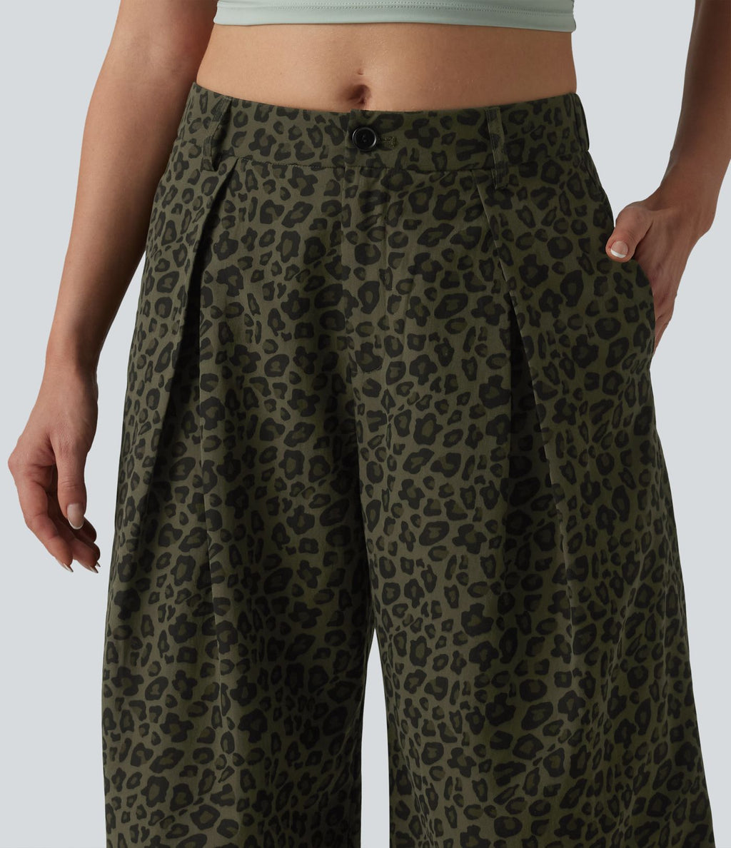 Pantalon léopard casual court taille mi-haute avec poches