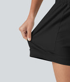Short ample décontracté taille haute en coton et lin, cordon de serrage, ourlet retroussé et poches