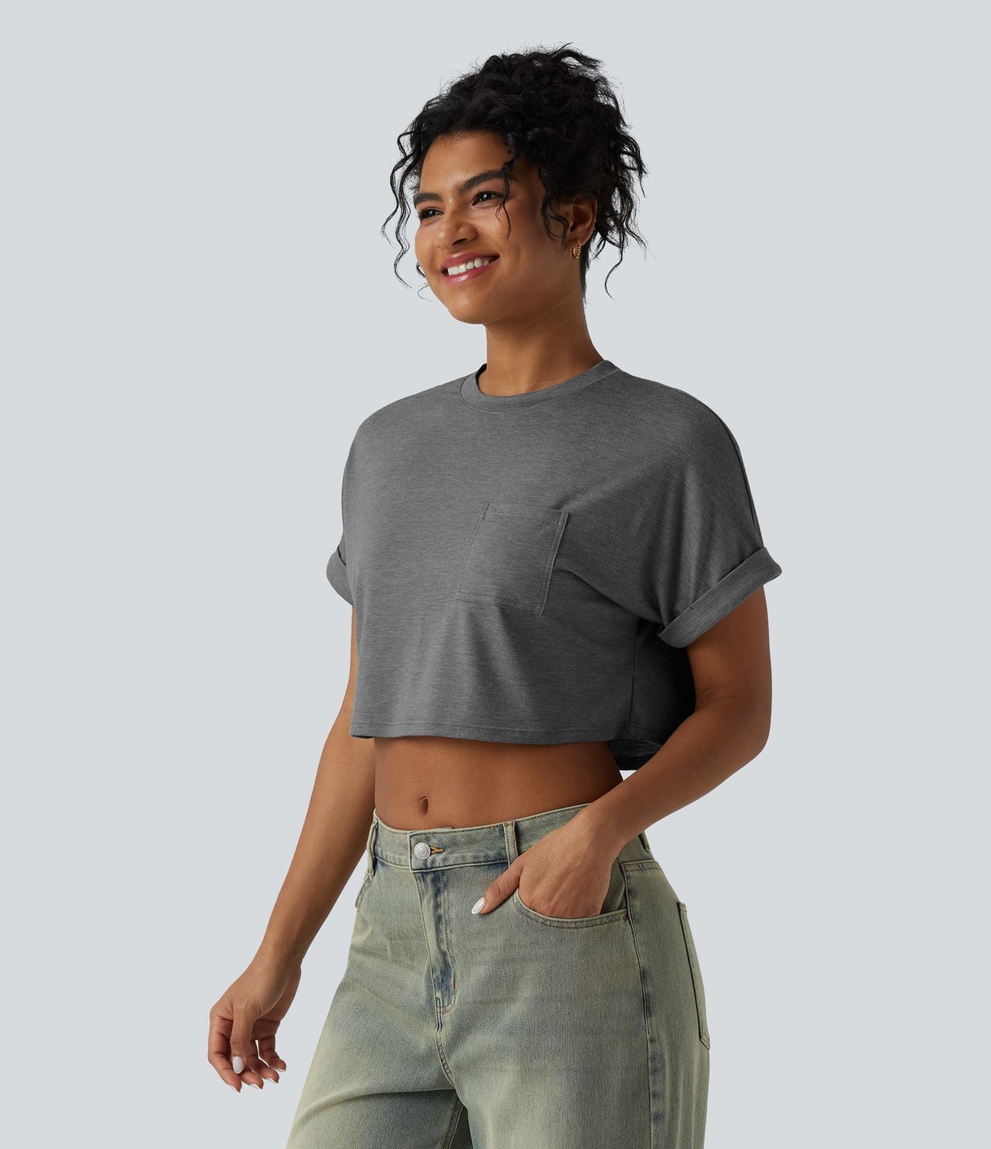 T-shirt décontracté court chiné col rond manches courtes coupe ample avec poche