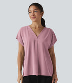 Blouse esprit bureau oversize défroissage facile, col V et manches courtes