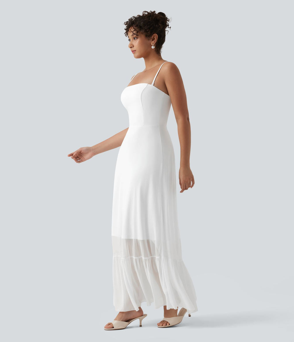 Robe longue fluide mesh contrastant avec volants à l'ourlet et coussinets fixes