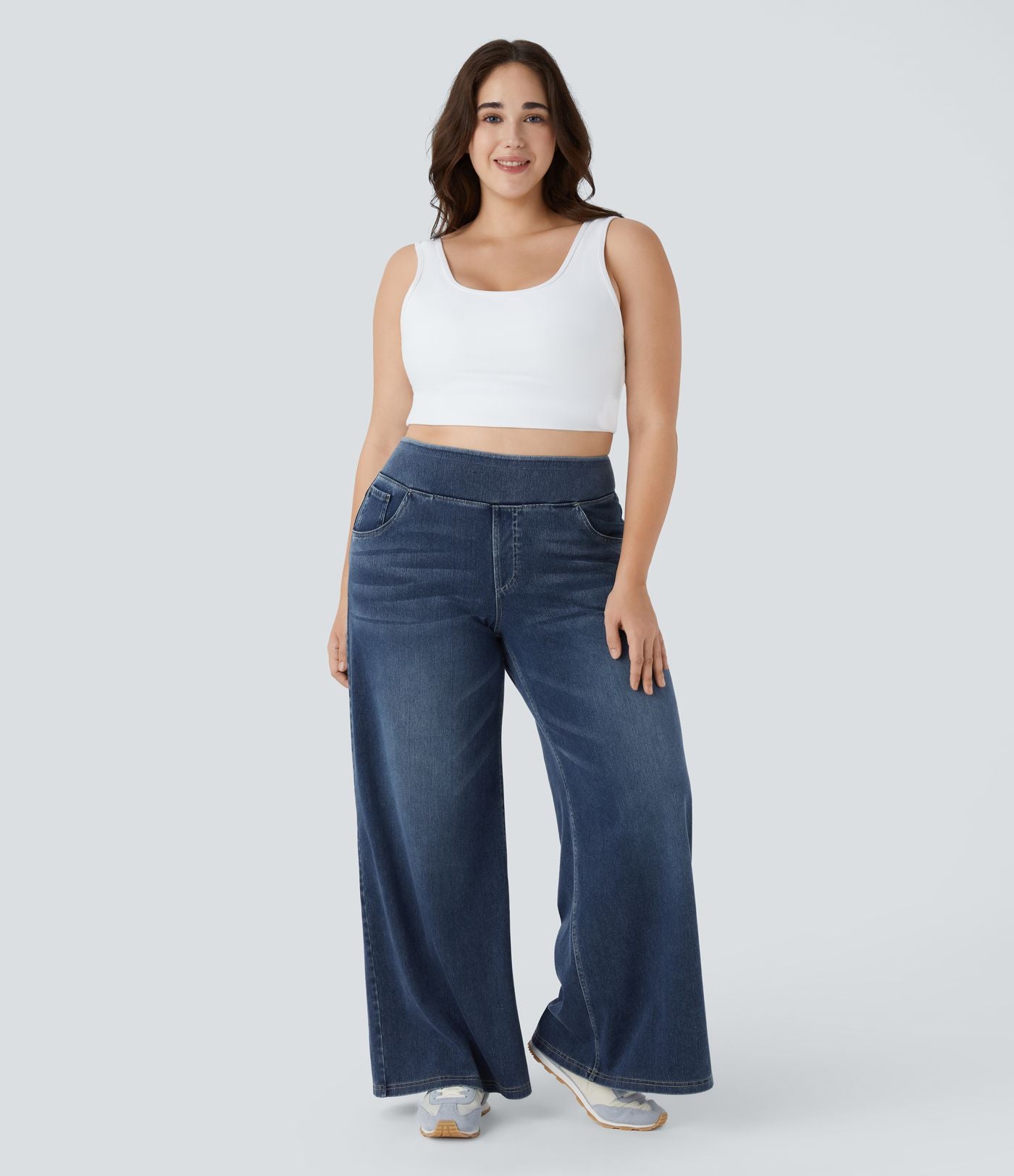 Halara Flex™ Jeans Larges Casual Taille Haute Multiples Poches Lavés Élastiques et Tricotés Grande Taille