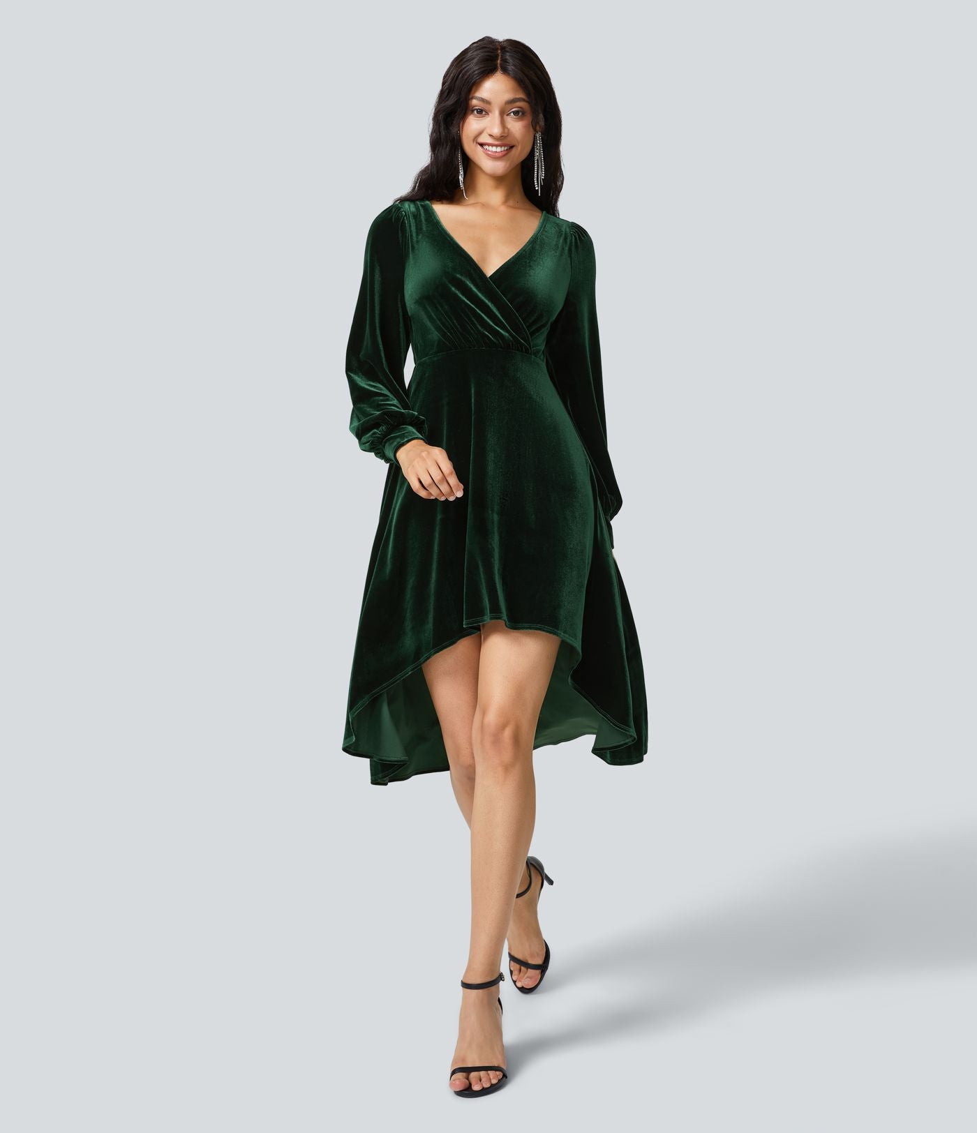 V Neck de Crossover Bishop Long Sleeve High Low Flowy Velvet Midi Casual Dress