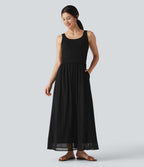 Robe maxi fluide sans manches à encolure U, superposition en mesh, poches et coussinets amovibles