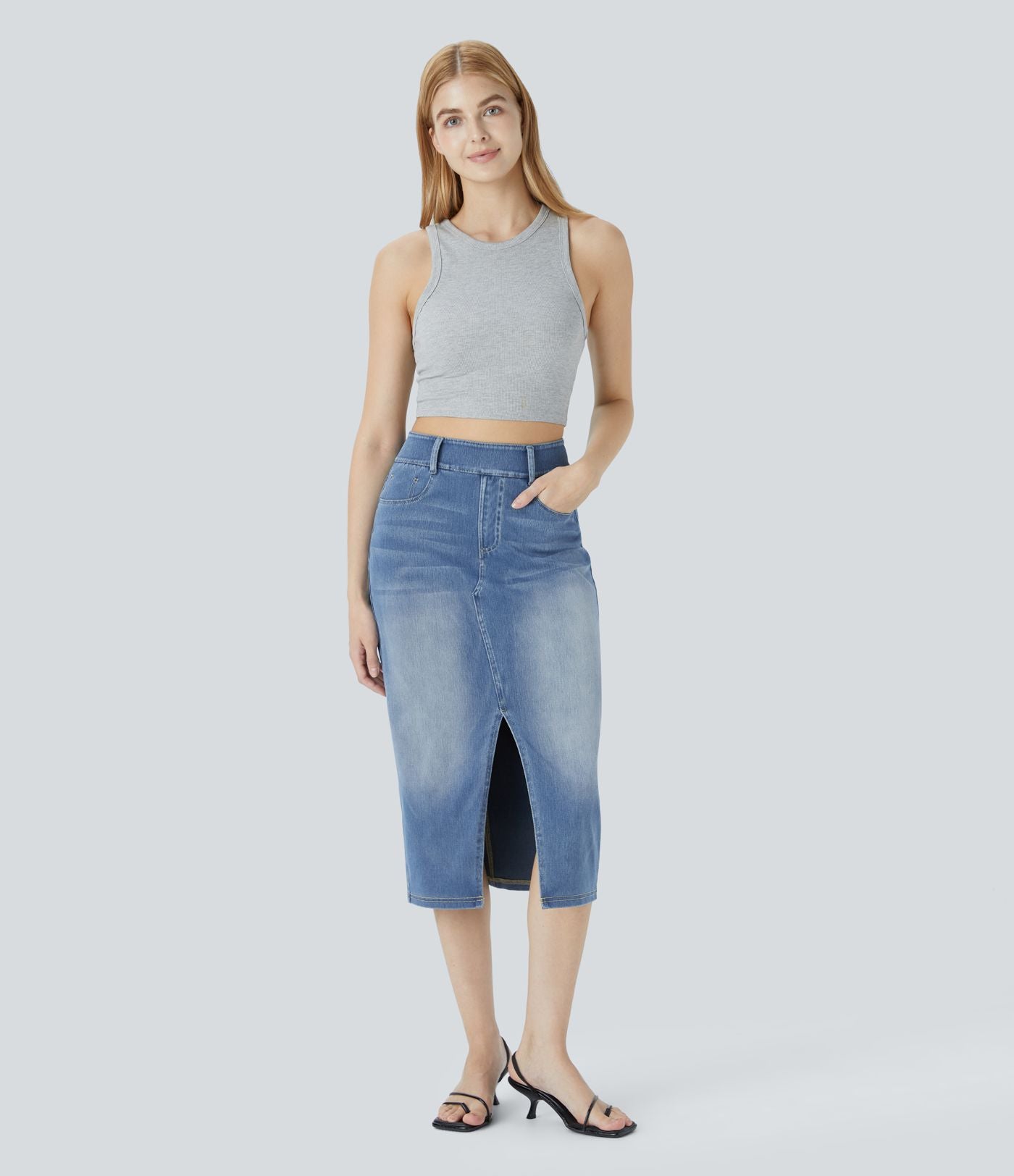 Halara Flex™ Jupe en Jean Casual Mi-Longue Délavé Extensible Plusieurs Poches Taille Haute