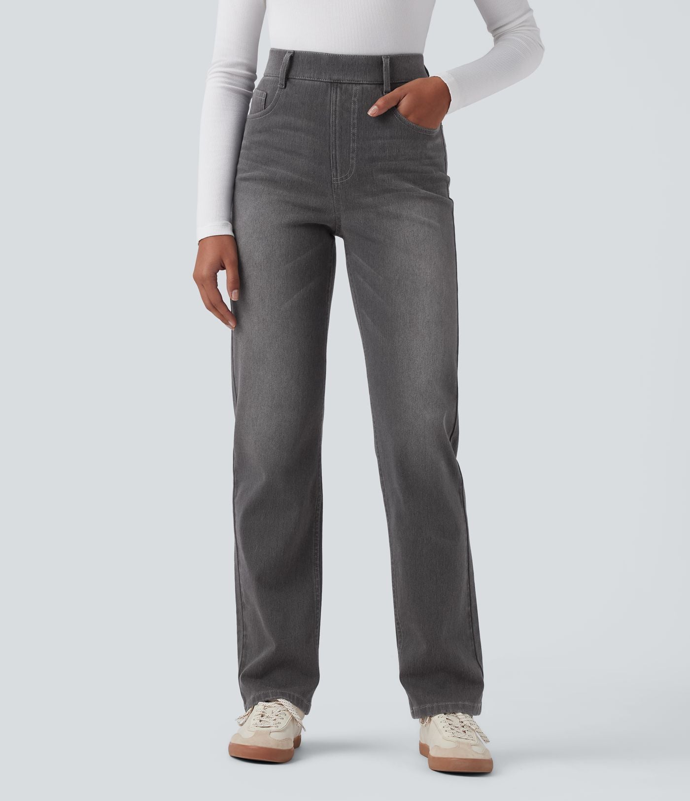 Halara Flex™ Jean casual délavé jambe droite taille haute gainant avec poches