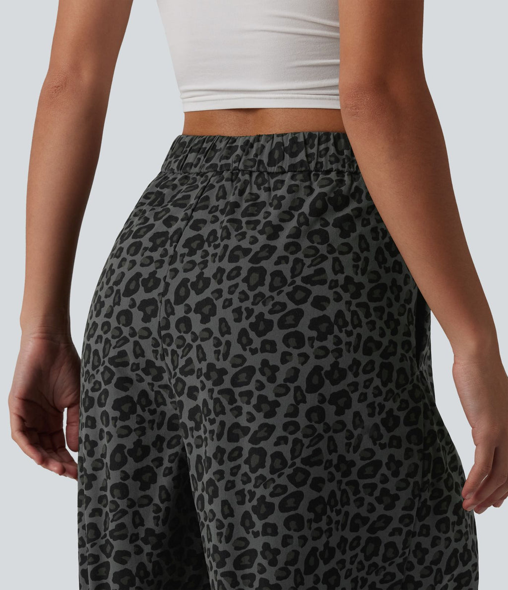 Short ample décontracté à imprimé léopard taille mi-haute, 25 cm, avec poches