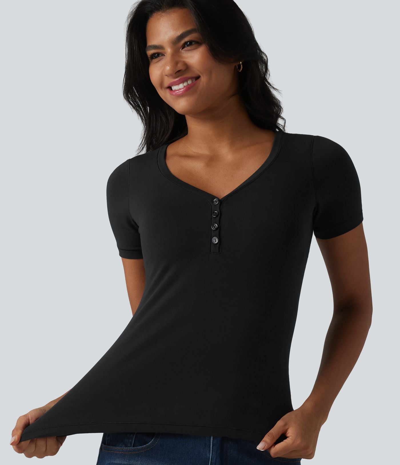 Halara T-shirt décontracté en jersey de coton, col V, manches courtes, brassière intégrée, bonnets B-DD