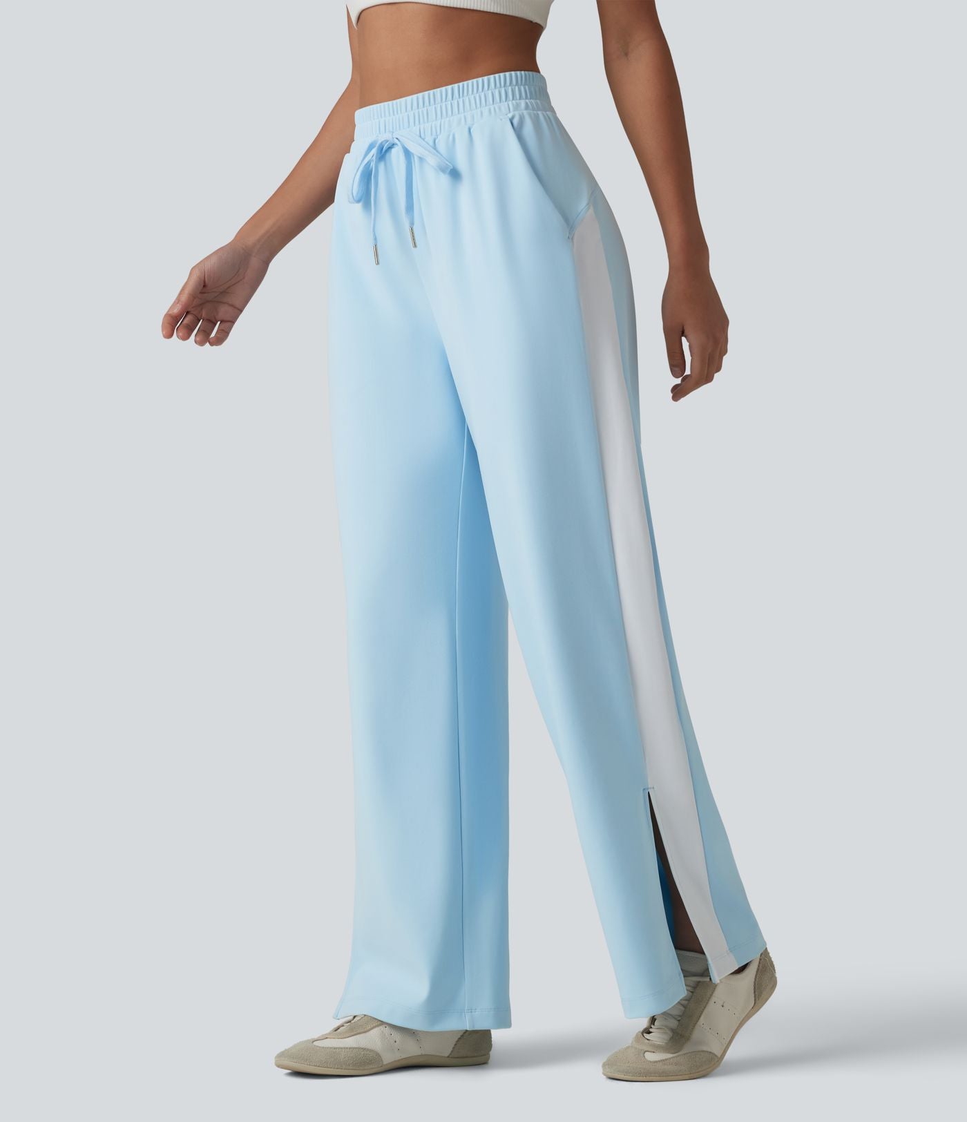 DayStretch Pantalon droit de yoga taille haute cordon de serrage rayures color block fentes latérales avec poches