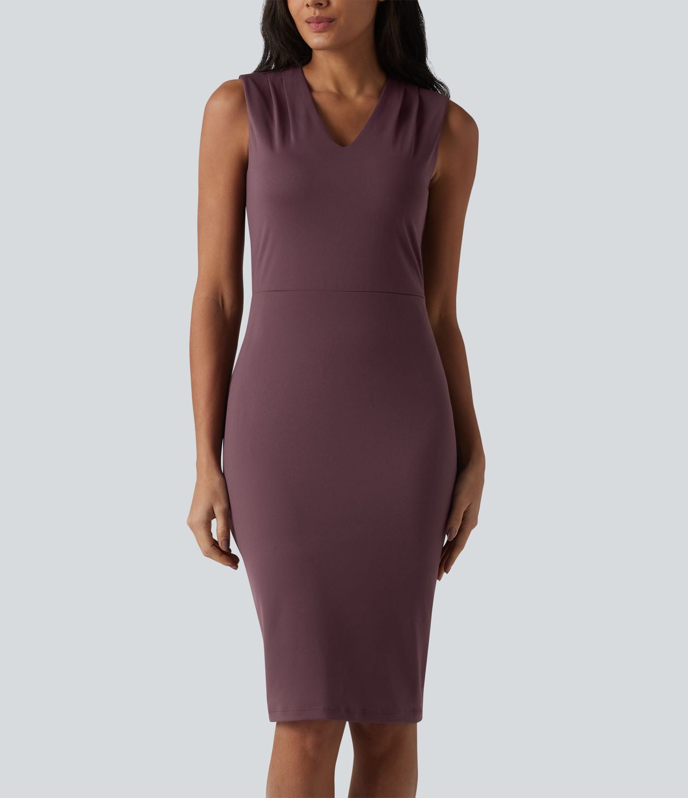 Robe midi tailleur sans manches col V ventre plat avec gainant intégré
