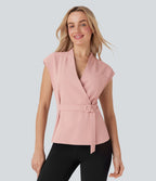 Veste short tailleur à col V, sans manches, portefeuille et ceinture