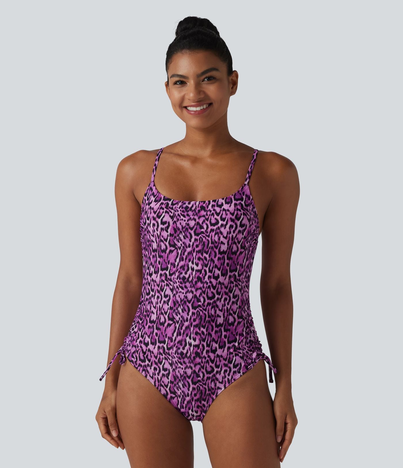 Maillot de bain une pièce col carré soutien-gorge intégré ventre plat cordon de serrage imprimé léopard