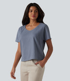 T-shirt casual en tissu gaufré à encolure cœur et manches courtes