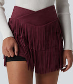 Jupe mini de soirée ajustée effet daim taille haute croisée 2-en-1 à franges