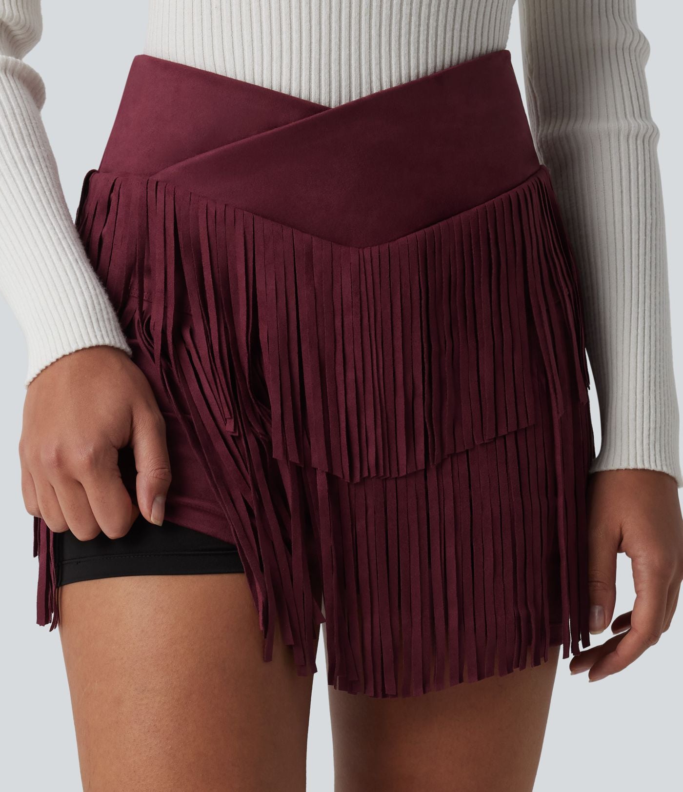 Jupe mini de soirée ajustée effet daim taille haute croisée 2-en-1 à franges