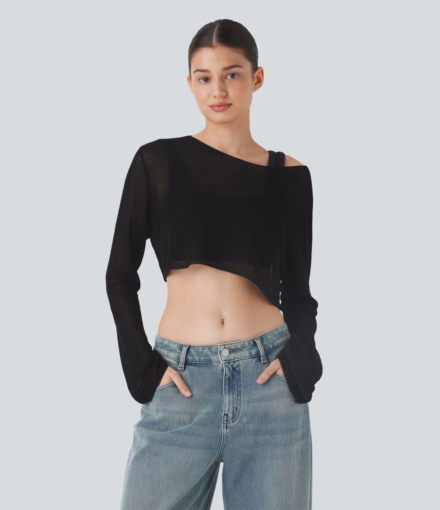 Pull décontracté transparent crop top encolure arrondie avec manches volantées