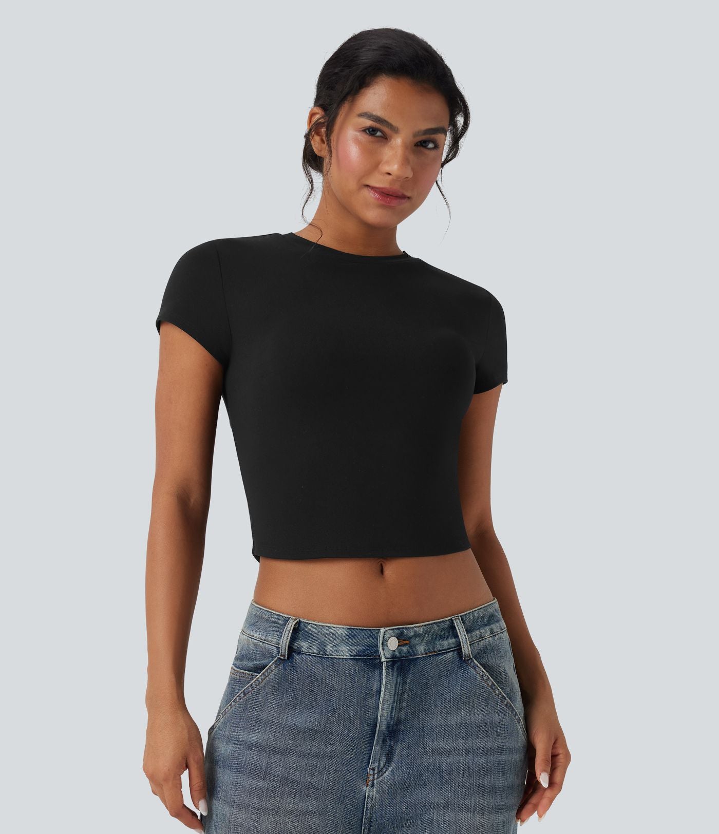 T-shirt baby tee décontracté court ajusté col rond