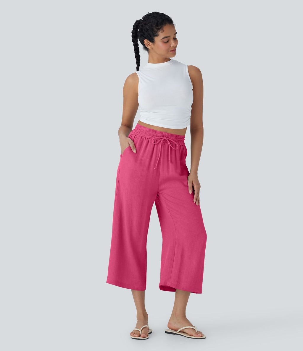Pantalon décontracté aspect lin 7/8 à taille haute, jambe large avec cordon de serrage et poches latérales