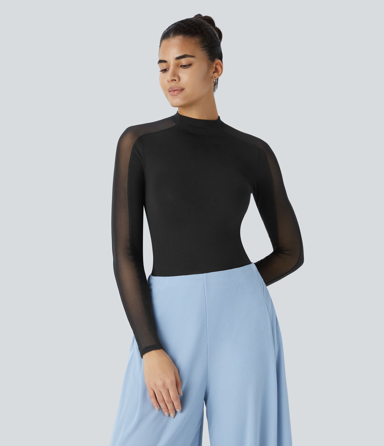 Top de Travail Skinny à Col Montant Manches Raglan Longues Mesh Contrastés