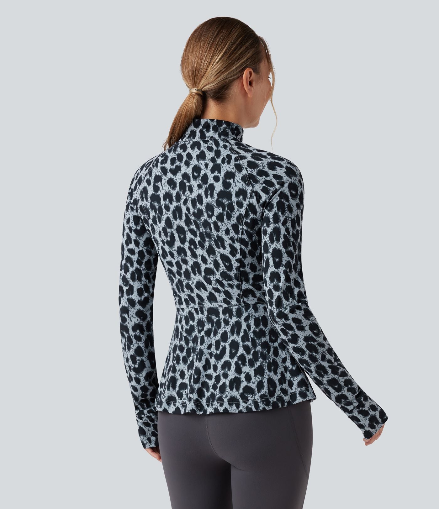 Veste décontractée Halara UltraSculpt™ imprimé léopard col montant manches longues avec trous pour pouces et poches