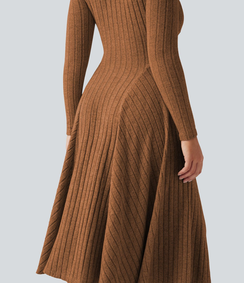 Robe mi-longue évasée maille côtelée à décolleté en V et manches longues
